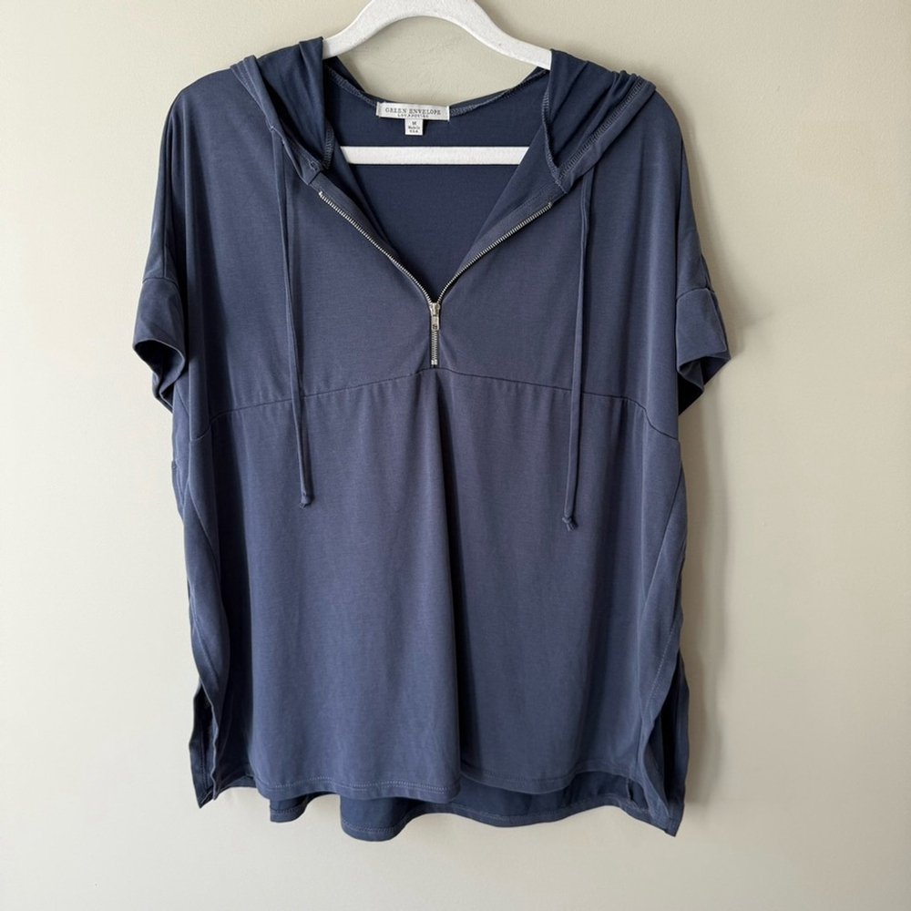 Green Envelope Blue Zippered Relaxed Tee Hoodie Side Slits Size M - Picture 9 of 11